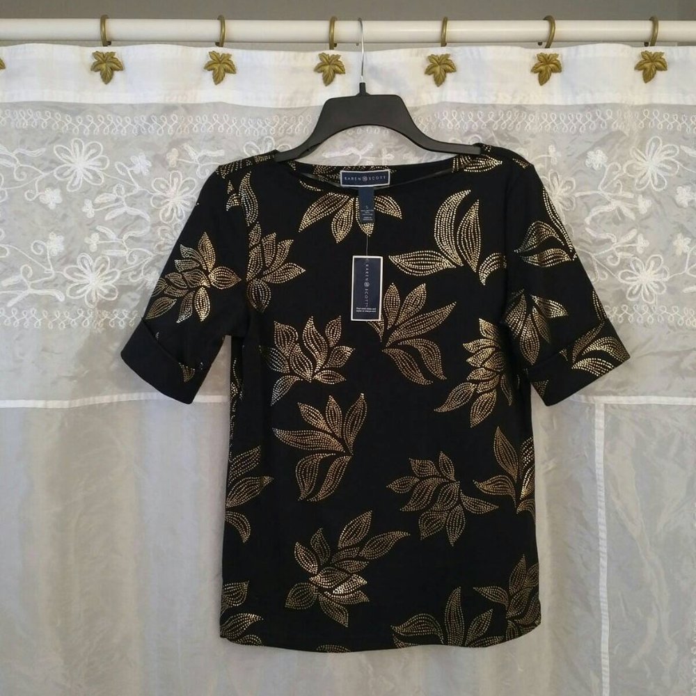 NEW Black & Shimmery Gold Leaf Print Top, 3/4 Sleeve, S/M